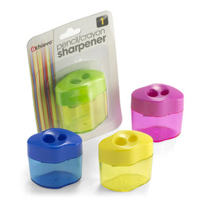 Officemate® twin pencil and crayon sharpeners in blue, yellow, pink, and green.