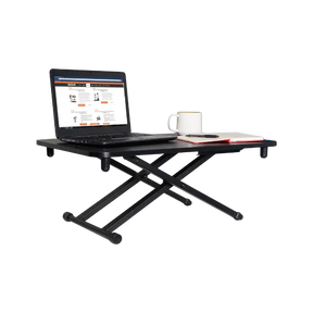 Victor® High Rise™ Adjustable Portable Standing Desk Converter with laptop, notebook and mug