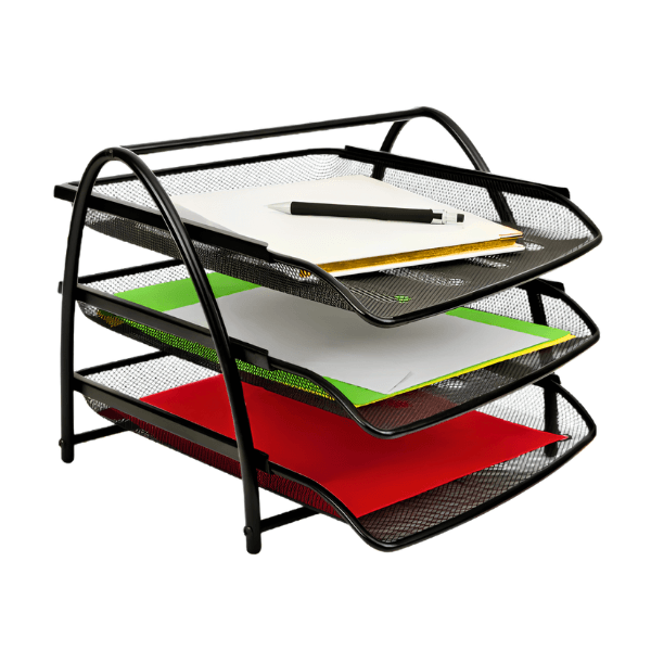 Three-tier mesh metal letter tray organizer holding papers and a pen