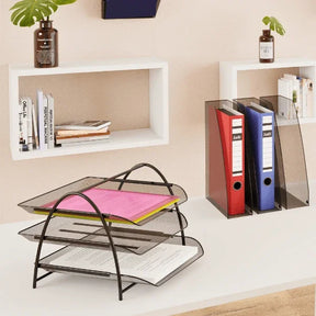 Alba 3 drawer black mesh metal letter tray organizer holding colored folders on a white desk