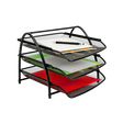 Three-tier mesh metal letter tray organizer holding papers and a pen
