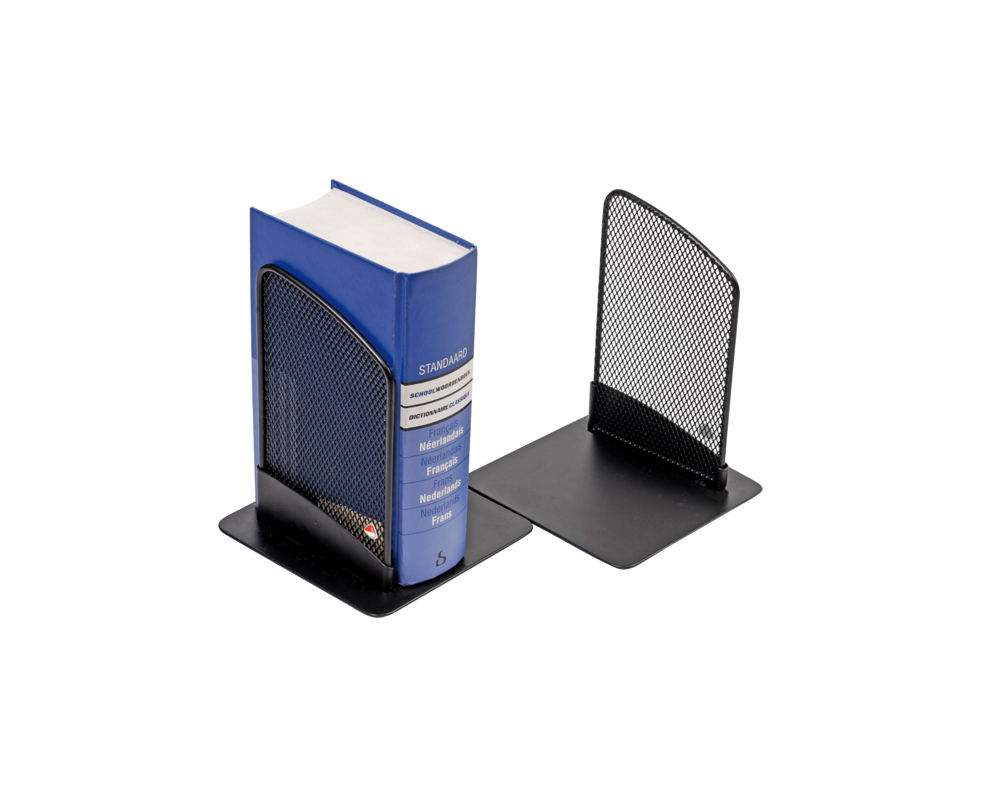 Mesh metal bookends holding a blue dictionary, modern desk organizer accessory
