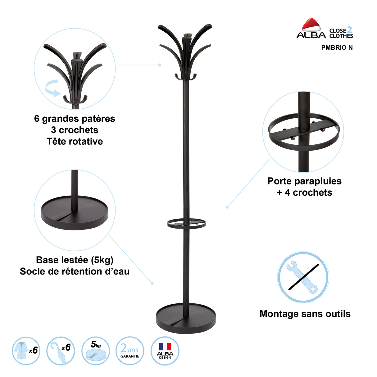 Alba Brio Freestanding Coat Stand with 9 Pegs