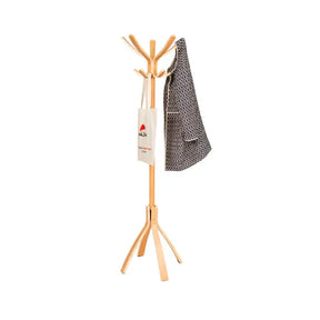 Alba Café freestanding wooden coat stand with 10 pegs holding a white bag and a grey jacket