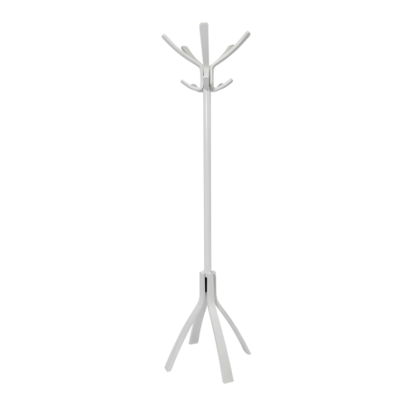 Modern white wood coat stand with multiple hooks and sturdy tripod base