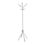 Modern white wood coat stand with multiple hooks and sturdy tripod base