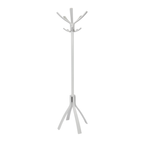 Modern white wood coat stand with multiple hooks and sturdy tripod base