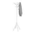 White wood coat stand with multiple hooks, holding a gray jacket, on a plain background