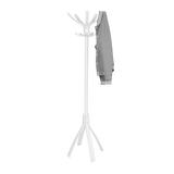 White wood coat stand with multiple hooks, holding a gray jacket, on a plain background