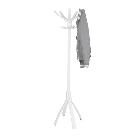 White wood coat stand with multiple hooks, holding a gray jacket, on a plain background