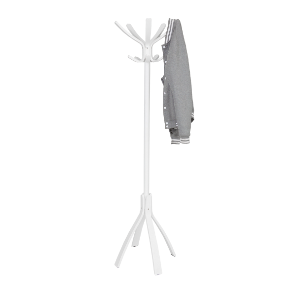 White wood coat stand with multiple hooks, holding a gray jacket, on a plain background