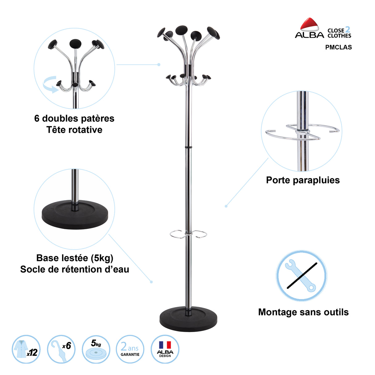 Alba Chrome Freestanding Coat Stand with 12 Pegs