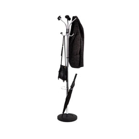 Alba chrome freestanding coat stand with 12 pegs holding a coat, bag, and umbrella