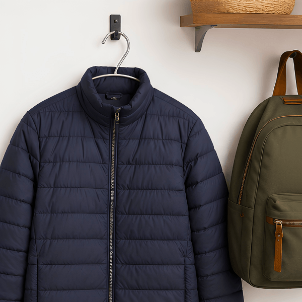 A navy blue puffer jacket hanging on a wall hook, shown next to an olive green backpack on a shelf.