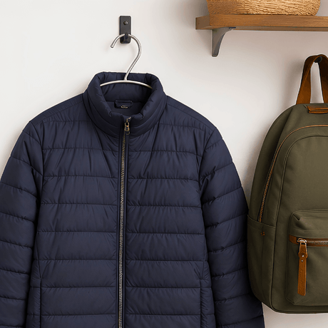 A navy blue puffer jacket hanging on a wall hook, shown next to an olive green backpack on a shelf.