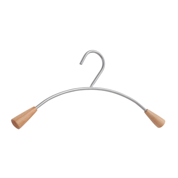 Curved metal clothes hanger with wooden ends on a white background