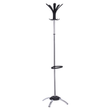 Modern chrome coat stand with umbrella holder, black hooks and sturdy base for office or home