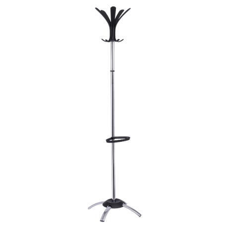 Modern chrome coat stand with umbrella holder, black hooks and sturdy base for office or home