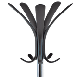 Modern chrome coat stand with multiple black hooks for hats, coats, and umbrellas