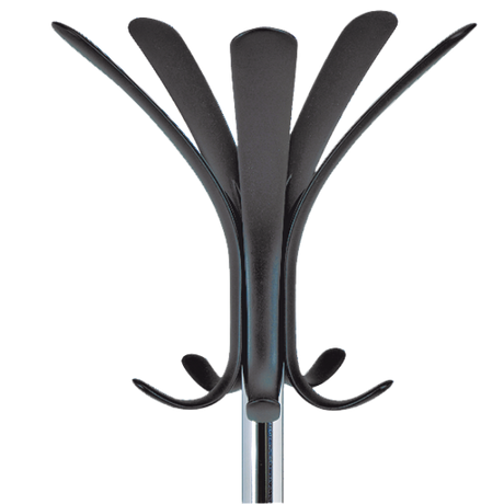 Modern chrome coat stand with multiple black hooks for hats, coats, and umbrellas