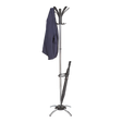 Chrome coat stand with umbrella holder, holding a jacket and umbrella, on white background.