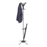 Chrome coat stand with umbrella holder, holding a jacket and umbrella, on white background.