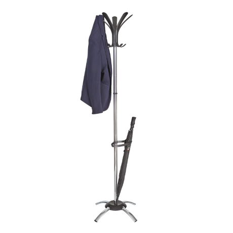 Chrome coat stand with umbrella holder, holding a jacket and umbrella, on white background.