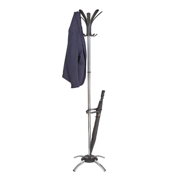 Chrome coat stand with umbrella holder, holding a jacket and umbrella, on white background.