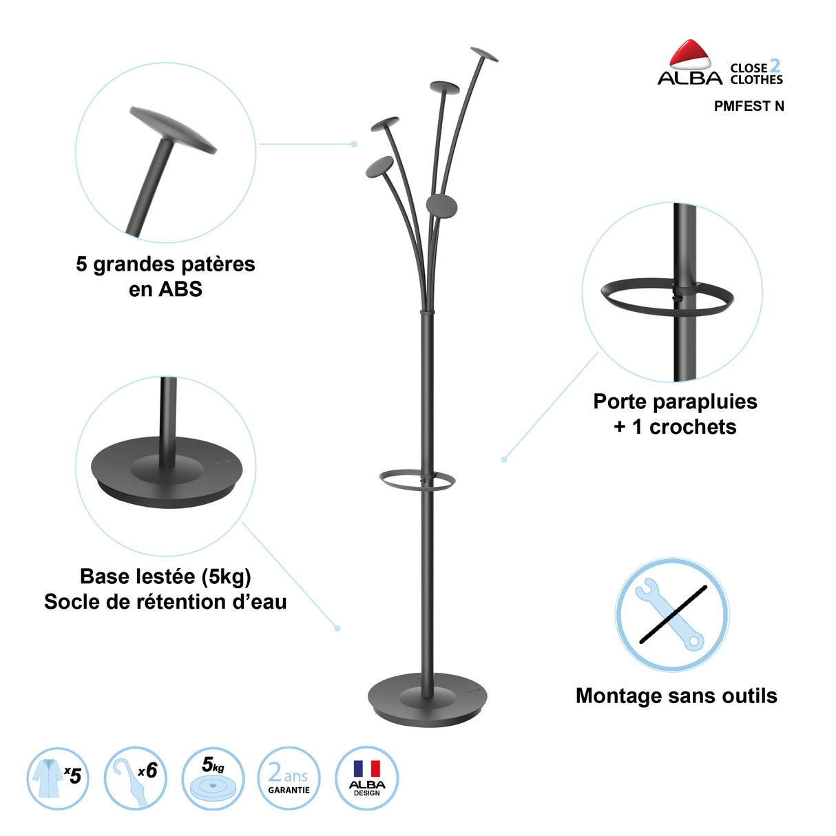 Alba Festival Freestanding Coat Stand with 5 Pegs
