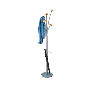 Alba Festival freestanding coat stand with 5 pegs, holding a blue denim jacket and an umbrella