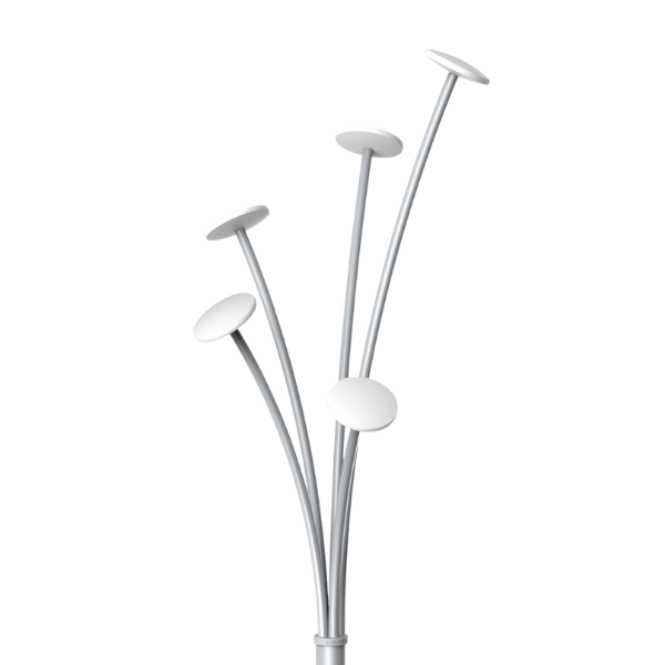 Modern white metal coat stand with four angled hooks, minimalist design