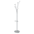 Modern white coat stand with multiple hooks and integrated umbrella holder on a round base