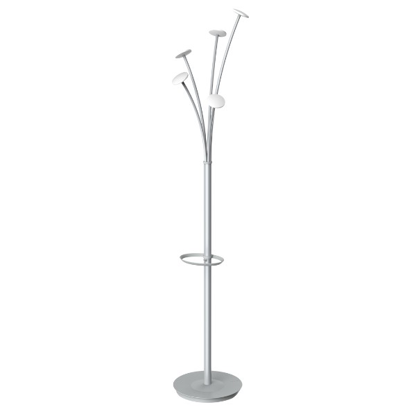 Modern white coat stand with multiple hooks and integrated umbrella holder on a round base