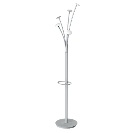 Modern white coat stand with multiple hooks and integrated umbrella holder on a round base