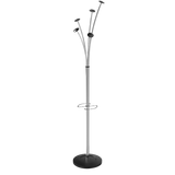 Modern metal coat stand with black wooden pegs and umbrella holder on a round base