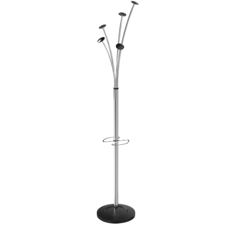 Modern metal coat stand with black wooden pegs and umbrella holder on a round base