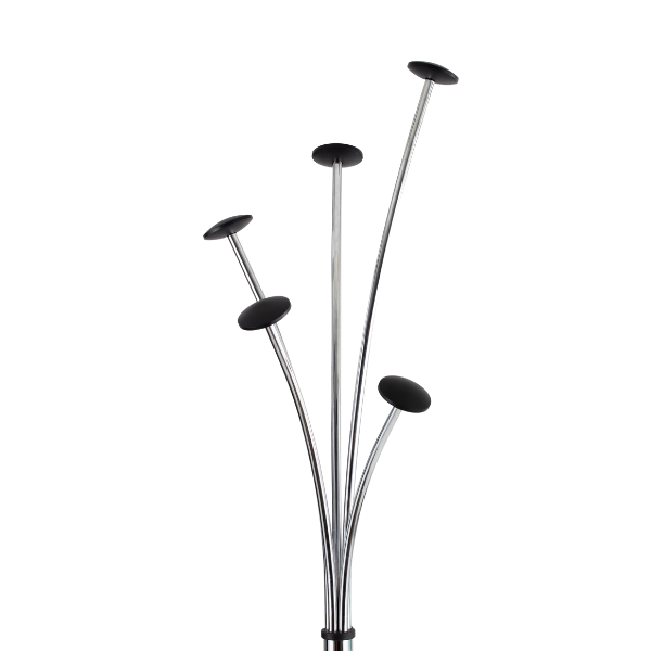 Modern coat stand with five curved silver rods and black wooden pegs on white background