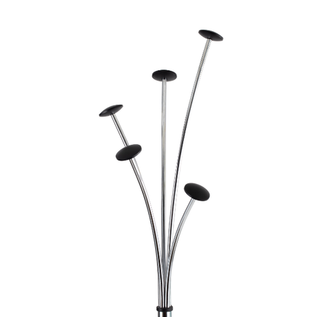 Modern coat stand with five curved silver rods and black wooden pegs on white background