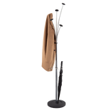 Modern coat stand with chrome finish, wooden pegs, holding a tan coat and black umbrella
