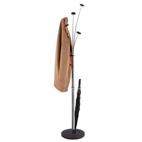 Modern coat stand with chrome finish, wooden pegs, holding a tan coat and black umbrella