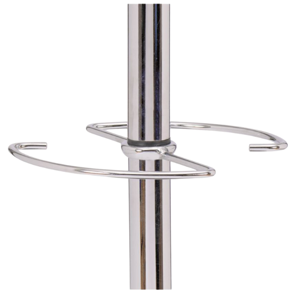 Close-up of modern chrome coat stand pole with circular metal rings.