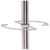 Close-up of modern chrome coat stand pole with circular metal rings.