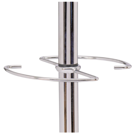 Close-up of modern chrome coat stand pole with circular metal rings.