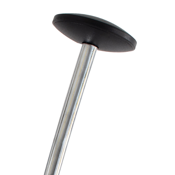 Close-up of a modern coat stand top with black round cap and metal pole