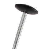 Close-up of a modern coat stand top with black round cap and metal pole