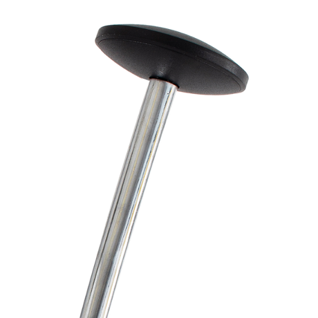 Close-up of a modern coat stand top with black round cap and metal pole