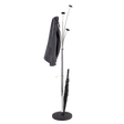 Modern coat stand with metal frame, wooden pegs, holding a jacket and umbrella