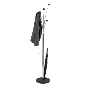 Alba chrome floor coat rack with wooden pegs, holding a grey jacket and an umbrella