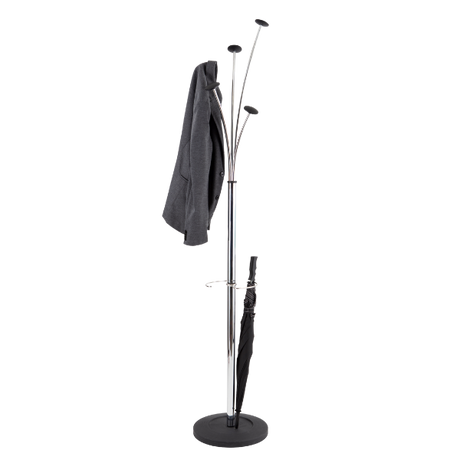 Modern coat stand with metal frame, wooden pegs, holding a jacket and umbrella