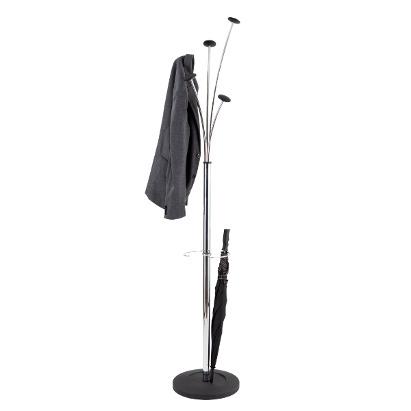 Modern coat stand with metal frame, wooden pegs, holding a jacket and umbrella